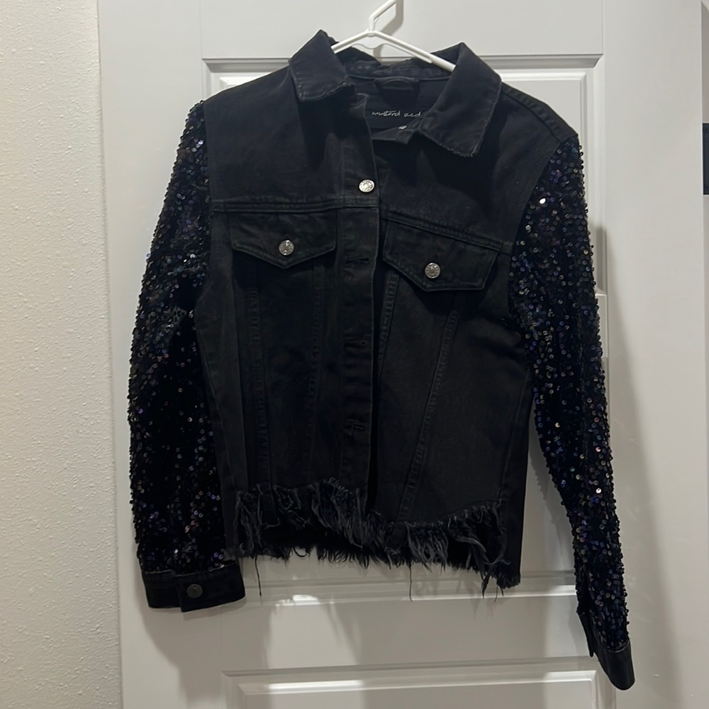 Mustard Seed Sequined Sleeve Black Denim Jacket
